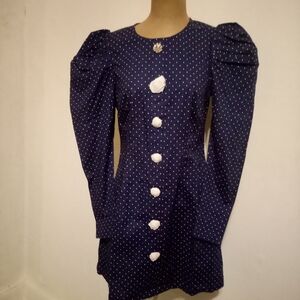 Elegant Navy Polka Dot Long Sleeve Dress